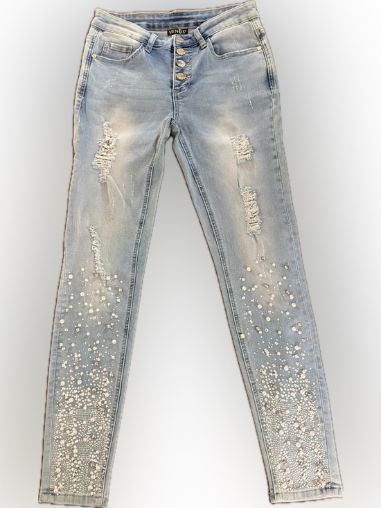VENUS Denim - VENUS Light Blue Distressed Skinny Jeans with Pearl Embellishment